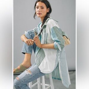 Anthropologie Striped Button Down Shirt - Green and White